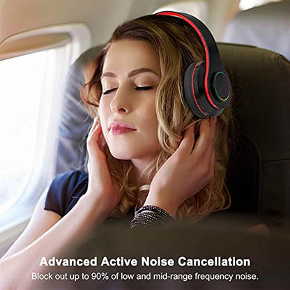 Bluetooth Over Ear Headphones, LED Lights Headphones with Built-in Mic, Light Weight, Bluetooth 5.0, Wireless Foldable HiFi Stereo Headphones for Classroom/Home/Office/PC/Mobile Phone (Black red) - color: Black