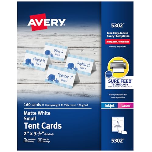 Avery Printable Tent Cards with Sure Feed Technology, 2" x 3.5", White, 160 Blank Place Cards for Laser or Inkjet Printers (5302) - color: White, size: 2" x 3.5" (Pack of 1), style: 160 cards