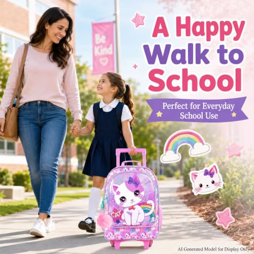gxtvo Girls Rolling Backpack, Cute Cat Roller Wheels Kids Bookbag - Wheeled Elementary School Bag - 3PCS Cat - color: Uv Printing White Cat Rolling Backpack
