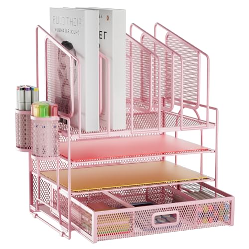 Marbrasse Desk Organizers, 4-Tier Mesh Desk File Organizer with 5 Vertical File Holders and 2 Pen Holders, Multifunction Desktop Organizer,Desk Organizers and Accessories for Home Office (Pink) - color: Pink, size: 4-Tier Mesh
