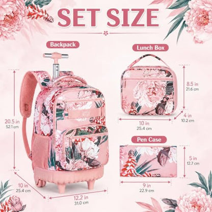 3Pcs Rolling Backpack for Girls Women, 19 Inche Adults Roller Bag with Wheels, Flower Wheeled Bookbag with Lunch Box(Pink) - color: Pink Flower