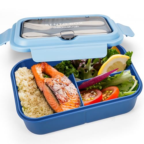 Fanhaw 40 Oz/5 Cup Bento Box for Kids, Men and Women, Lunch Box with 3 Compartments, Utensil, Microwave & Dishwasher Safe (Blue) - color: Blue