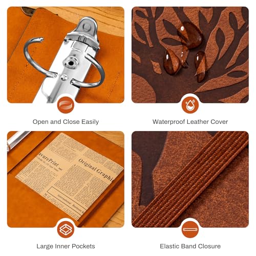 Ovesmusl PU Leather 3 Ring Binder Fits 8.5"x11" Letter Size Paper, 2 Inch Round Ring Binder Holds 500 Sheets, Notepad Paper Cover Loose Leaf Organizer, Brown Tree - color: Brown Tree, size: 2" Ring