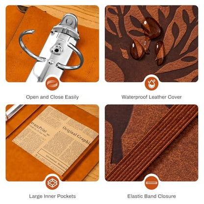 Ovesmusl PU Leather 3 Ring Binder Fits 8.5"x11" Letter Size Paper, 2 Inch Round Ring Binder Holds 500 Sheets, Notepad Paper Cover Loose Leaf Organizer, Brown Tree - color: Brown Tree, size: 2" Ring
