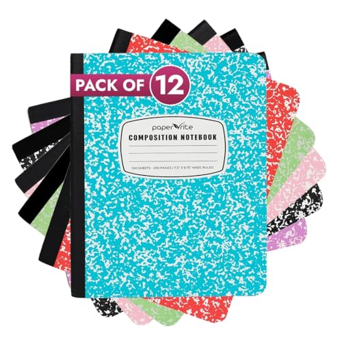 Paper Rite Composition Notebooks, 12 Pack, Wide Ruled, 100 Sheets (200 Pages) Each, Assorted Marble Colors, Sewn Binding, Durable Hard Covers, 9.75 x 7.5 in, Bulk School Supplies for Students, Teachers & Offices