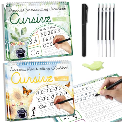 chiazllta 2 Pack Cursive Grooved Handwriting Workbooks Magic Grooved Cursive Reusable Writing Practice Copy Books with Disappearing Ink Pens for Beginners Learning Activities Supplies (Letters&Number) - style: Letters&Number