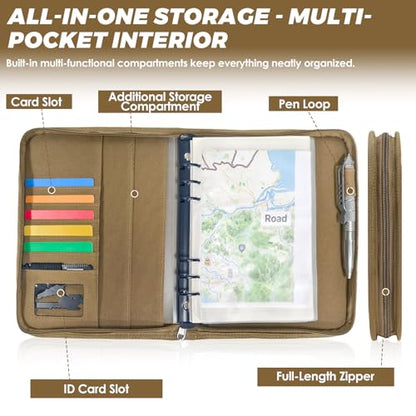 Tactical Notebook Cover, A5 Padfolio 6 Ring Binder with Big Back Pocket & Hand Strap, Zippered Hardcase Planner for Journal, College, Office, Field (Khaki, A5(7.3 x 10 inches)) - color: Khaki, size: A5
