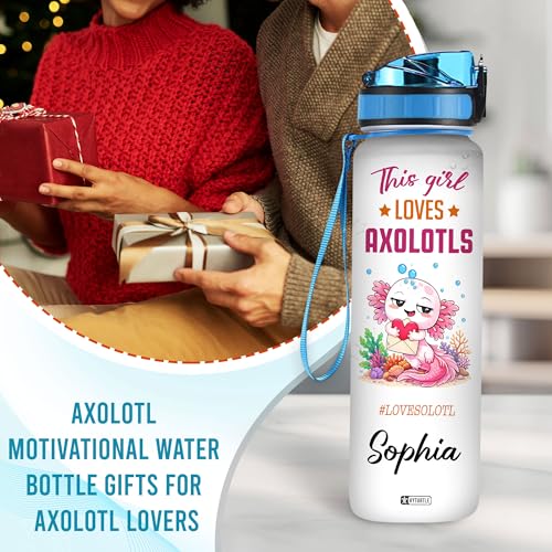 Hyturtle Personalized Axolotl Water Bottle - 32oz Motivational Water Bottle with Leak-Proof Lid & Time Marker - Custom Name Gift for Axolotl Lovers, Women, Girls, Boys - Birthday & Christmas Gift - color: Axolotl