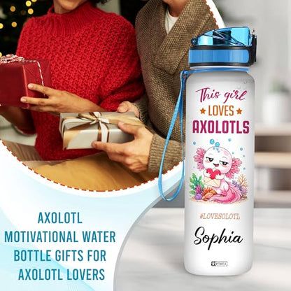 Hyturtle Personalized Axolotl Water Bottle - 32oz Motivational Water Bottle with Leak-Proof Lid & Time Marker - Custom Name Gift for Axolotl Lovers, Women, Girls, Boys - Birthday & Christmas Gift - color: Axolotl