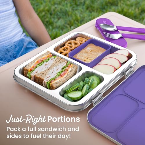 Bentgo Kids Stainless Steel Leak-Resistant Lunch Box - 3-Compartments with Bonus Silicone Container, Durable, Eco-Friendly, Dishwasher Safe, BPA-Free, Ideal for School, Ages 3+ (Purple) - color: Purple