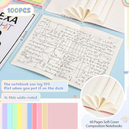 Handepo 100 Pack A5 Composition Notebooks Bulk 5"x8" Wide Ruled Soft Cover Journals, 60 Pages Composition Notebooks Bulk School Supplies for Students Classroom Office - color: Classic Macaron, size: A5