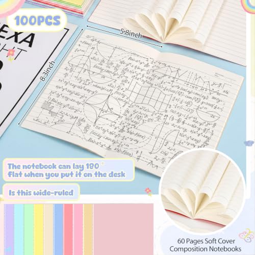 Handepo 100 Pack A5 Composition Notebooks Bulk 5"x8" Wide Ruled Soft Cover Journals, 60 Pages Composition Notebooks Bulk School Supplies for Students Classroom Office - color: Classic Macaron, size: A5