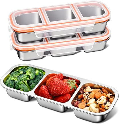 KTKUDY 3 Pack Stainless Steel Snack Containers for Kids & Adults - Large - Leak-Proof 3-Compartment Stackable Snack Lunch Boxes for Daycare, School, Work & Travel - size: 3 Pack-3 Sections