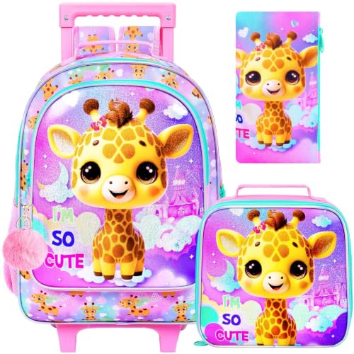 HPJGD 3PCS Giraffe Rolling Backpack for Girls, Kids School Backpacks with Wheels, Water Resistant UV Printed Roller Wheeled Bookbag Set - color: Glittering Priting Yellow Giraffe Rolling Backpack