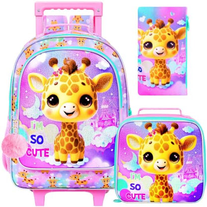 HPJGD 3PCS Giraffe Rolling Backpack for Girls, Kids School Backpacks with Wheels, Water Resistant UV Printed Roller Wheeled Bookbag Set - color: Glittering Priting Yellow Giraffe Rolling Backpack