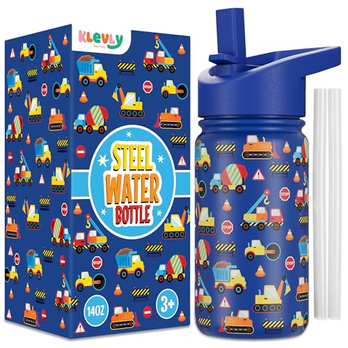 Klevly Stainless Steel 14 OZ Kids Water Bottle with Straw | BPA-Free Insulated Water Bottle with Leak-Proof Lid | Construction Design Bottle for School - color: Construction