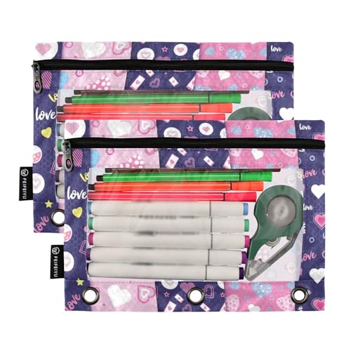 ZAZYXTJ Personalized Heart Binder Pencil Pouchs 3 Ring | with Zipper Clear Window Office Organizers bag for School Students Teacher Supplies 2 Pack - color: Heart