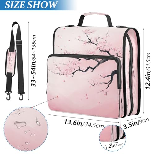 Pink Cherry Blossom Tree with Branches 3 D-Ring 2 inch Zipper Binder Bag with Shoulder Strap, Multi-Pocket Portfolio Organizer Case for 13 Inch Laptop Middle School