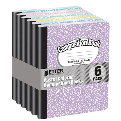 Better Office Products Composition Book Notebook, Hardcover, Assorted Pastel Covers, Wide Ruled (11/32-inch), 80 Sheet, One Subject, 9.75" x 7.5", 6 Pack
