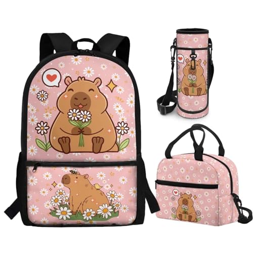 CLOHOMIN Daisy Capybara Girls Backpack and Lunch Box Set of 3 Primary School Bookbag for Boys with Lunch Bag Water Bottle Bag Kids Backpack Back to School Gifts, Pink - color: Daisy Capybara
