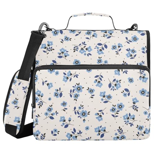 Fisyme Floral Blue Flowers Zipper Binder 3 Ring with Zipper and Shoulder Strap Large Capacity Multi-Pocket Zipper Binder Organizer - color: Multi-cream