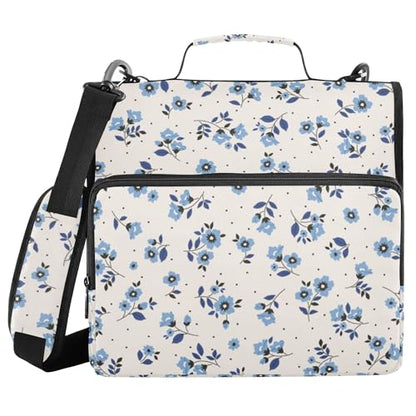 Fisyme Floral Blue Flowers Zipper Binder 3 Ring with Zipper and Shoulder Strap Large Capacity Multi-Pocket Zipper Binder Organizer - color: Multi-cream
