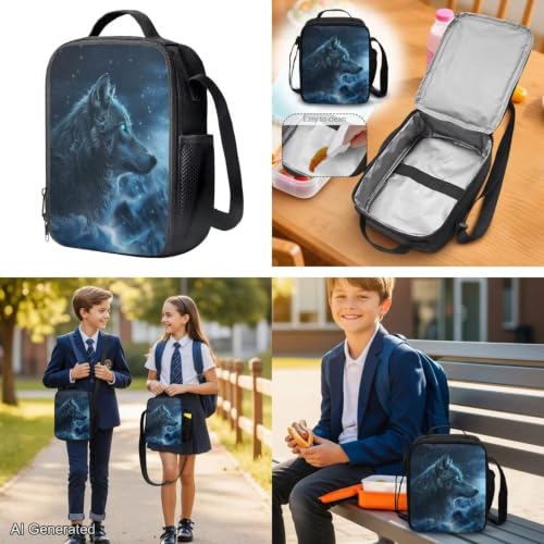 Blue Galaxy Wolf Backpack for Girls Boys Kids Backpack with Lunch Box and Water Bottle Holder Large Pencil Case 4PCS Set Bookbag with Front Pocket for School Teens 17 inch School Bag Gifts - color: Blue Galaxy Wolf