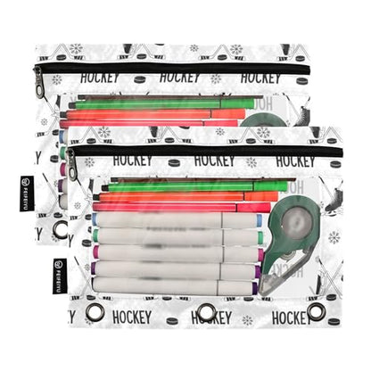 Ice Hockey White Pencil Pouch for 3 Ring Binder 2 Pcs Binder Pouches with Zipper Pocket Pencil Case Bag with Clear Window for Office Work School Supplies - color: Ice Hockey Black