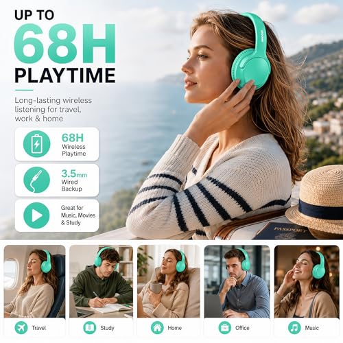 MIDOLA Bluetooth Headphones Over Ear, 68H Playtime Wireless Headphones with Microphone, 6 EQ Modes, HiFi Stereo Deep Bass, Foldable Lightweight Headset for Home Office, Cellphone, PC, Cyan - color: Cyan