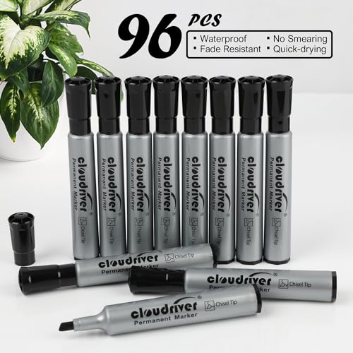 cloudriver Permanent Markers 96 Count, Black Permanent Marker Bulk Set, Chisel Tip, Premium Smear Proof Markers, Quick Drying Ink, Waterproof, Office Supplies for School, Office, Home