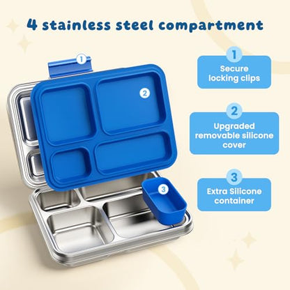 Stainless Steel Bento Box, 4-Compartment Metal Lunch Box with Removable Silicone, Lunch Container for Kids & Adults with Silicone Inner Container, School, Office, Dishwasher Safe(Blue) - color: Blue