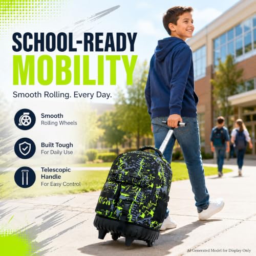 CCJPX 3Pcs Rolling Backpack for Boys, Roller Wheeled School Bookbag, Graffiti Wheels Backpacks with Lunch Box for Kids (Green) - color: Graffiti Green