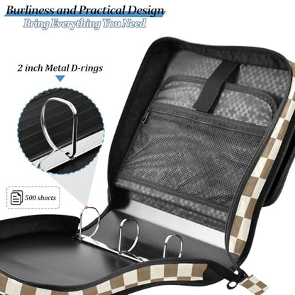 Brown Beige Checkered Zipper Binder 3 Ring 1.5 Inch Binder Organizer Bag 500 Sheets Capacity Multi-Pocket with Shoulder Strap for School Office