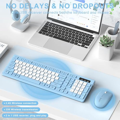 Wireless Keyboard and Mouse Combo, Full-Sized Wireless Keyboard and Adjustable DPI Mouse, 2.4GHz USB Receiver, Silent Keyboard and Mouse for PC, Windows, MAC, Desktop, Laptop(Sky Blue-B) - color: Sky Blue-B