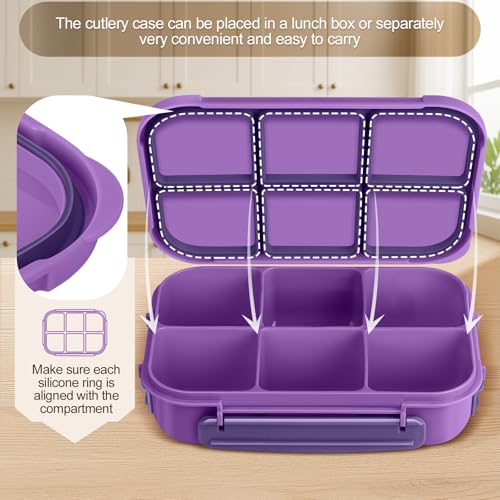 Amathley Lunch Box Kids Girls Boys,Bento Box Adult,Toddler Lunch Containers for School,Leakproof Snack Containers with 6 Compartments,Sauce Container,10 Food Picks and 4 Muffin Cups (Purple) - color: Purple