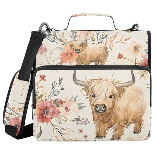 Cute Highland Cows Flowers 3 Ring Binder Bag 1.5 inch Binder Organizer with Zipper Shoulder Strap 500 Sheet Documents Storage for School Office - color: A013, size: 13.6 x 12.4 x 3.5 in