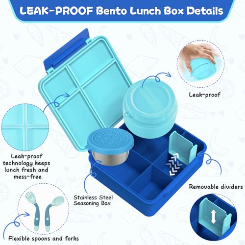 Aimsnk Kids Lunch Box with Thermo Insulated Lunch Bag for School, Blue | Kids Bento Lunch Box with 8oz Food Jar, Leak Proof Hot Soup Lunch Containers with 4 Compartment, Warm Lunchbox for Toddler - color: Blue