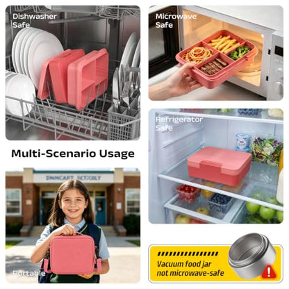 Bento Lunch Box Set for Kids with 8.5oz Hot Food Jar Leak-Proof Lunch Food Container with Insulated Lunch Bag for Toddlers Girls Boys Teens to School, Office, Picnic, Camping, Travel - Pink - color: Pink