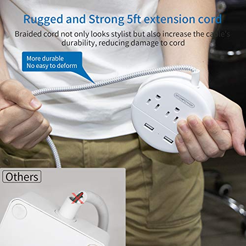 NTONPOWER Braided Power Strip Flat Plug with USB, Compact Nightstand Desktop Charging Station with 3 Outlets 2 USB Ports, Wall Mount Small Size for Dorm Nightstand Home Office, White - size: 5ft, style: Braid Cord