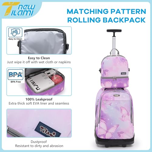 NEW TILAMI 19 Inch Rolling Backpack with Lunch Bag for Girls Boys Wheeled Laptop Backpack Durable Carry-on Bag School Travel, Evening Butterfly - color: Purple Evening Butterfly