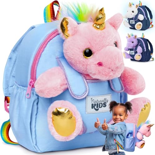 Naturally KIDS Toddler Backpack w. Plush Pink Unicorn Toy, Kids Gift 2-6 | cute 2-in-1 unicorn toy for girls age 2-6, backpack w. side pockets, reflective logo, name tag, birthday & Christmas gift - color: 08 Unicorn Pink, style: Small