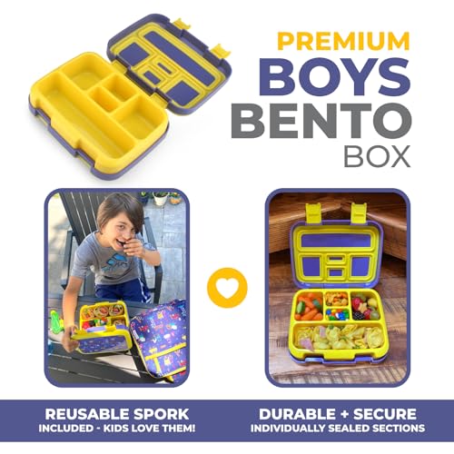 kinsho Bento Lunch Box For Kids Toddlers Boys, 5 Portion Sections Secure Lid, Microwave Safe Bpa Free Removable Tray, Pre-School Daycare Divided Snack Container Ages 3 To 5, Blue Yellow Trucks - color: Blue Yellow Truck Bento