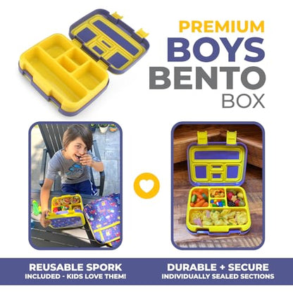 kinsho Bento Lunch Box For Kids Toddlers Boys, 5 Portion Sections Secure Lid, Microwave Safe Bpa Free Removable Tray, Pre-School Daycare Divided Snack Container Ages 3 To 5, Blue Yellow Trucks - color: Blue Yellow Truck Bento