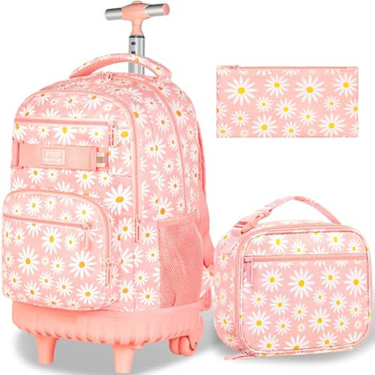gxtvo Girls Rolling Backpack, Women Roller Bookbag with Lunch Box for Adults, Water Resistant Wheeled School Bag for College Teens Kids Travel - Pink Flower - color: Chrysanthemum Pink