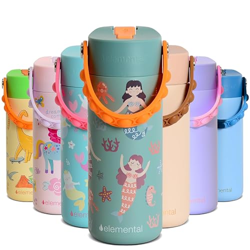 Elemental Insulated Kids Water Bottle, Stainless Steel Water Bottle with Straw Lid & Pop-It Handle, Leak-Proof Water Bottles for School, Boys or Girls, Travelling and Sports, 18oz - Mermaid Sisters - color: Mermaid Sisters