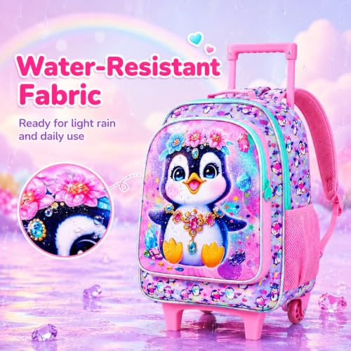 3Pcs Rolling Backpack for Girls, Penguins Kids School Backpacks with Wheels, Roller Bookbag with Lunch Box for Elementary Preschool(Pink) - color: Penguin Pink