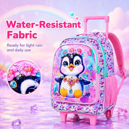 3Pcs Rolling Backpack for Girls, Penguins Kids School Backpacks with Wheels, Roller Bookbag with Lunch Box for Elementary Preschool(Pink) - color: Penguin Pink