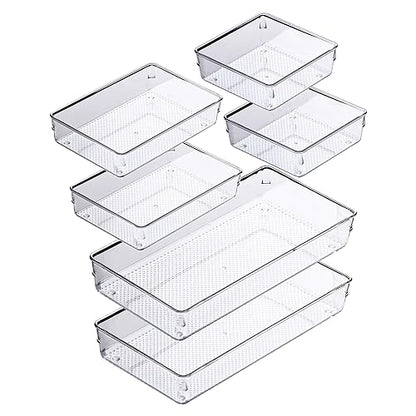 3 Pack Clear Plastic Drawer Organizer Tray Cutlery Utensil Makeups Drawer Silverware Organizers 12" X 6"… (6P(6X6+6X9+6X15)) - size: 6 Pack Mixed Sizes Clear Plastic