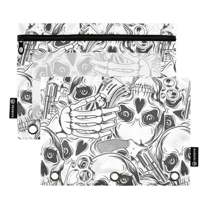ZAZYXTJ Skeletons Skull Binder Pencil Pouchs 3 Ring with Zipper Clear Window Office Organizers bag for School Students Teacher Supplies 2 Pack - color: Skeletons