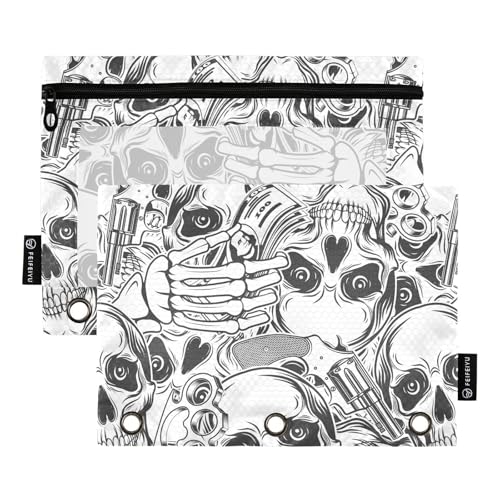 ZAZYXTJ Skeletons Skull Binder Pencil Pouchs 3 Ring with Zipper Clear Window Office Organizers bag for School Students Teacher Supplies 2 Pack - color: Skeletons